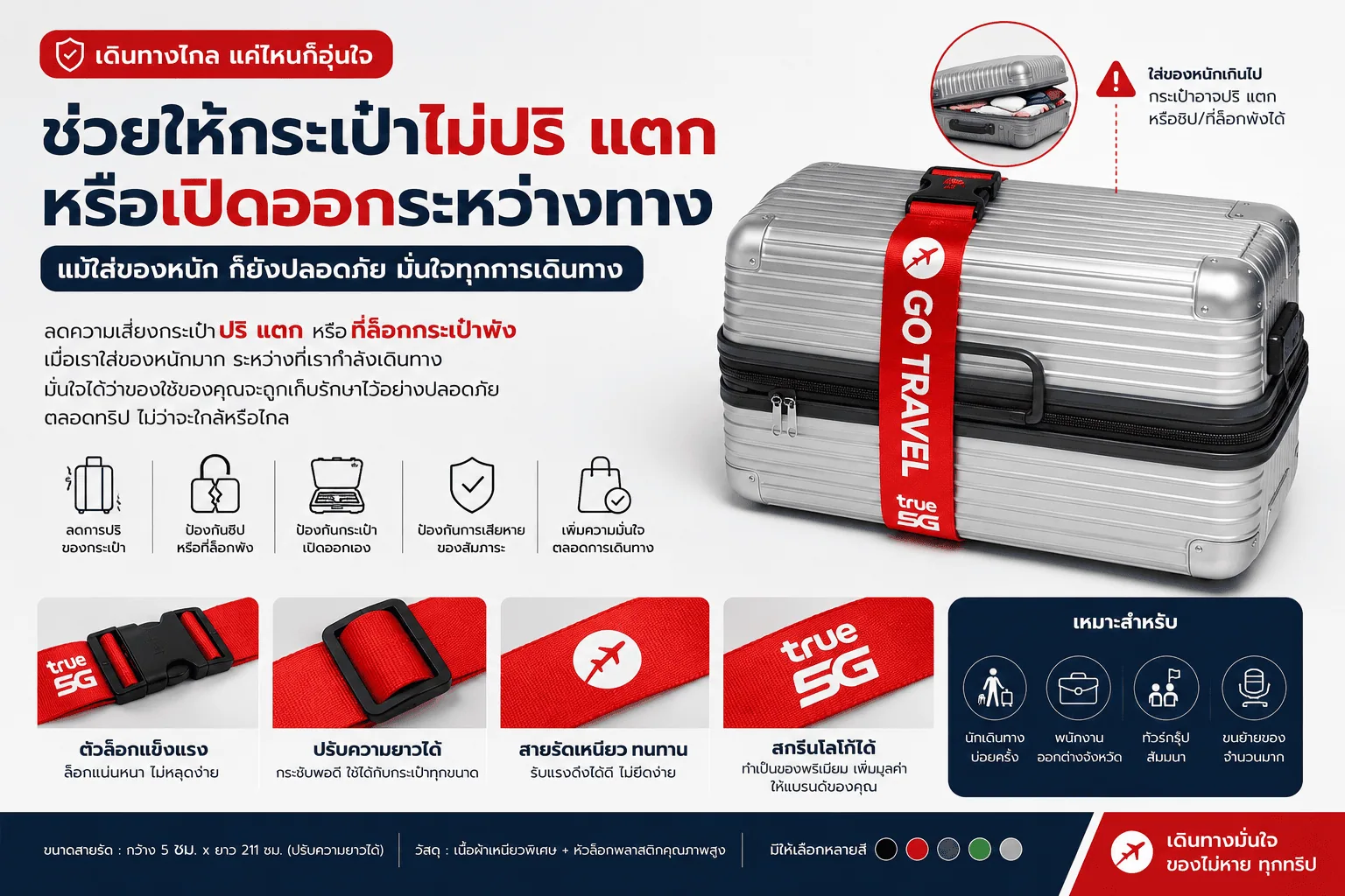 สายรัดกระเป๋าเดินทางสีแดงช่วยให้สังเกตกระเป๋าบนสายพานสนามบินได้ง่าย