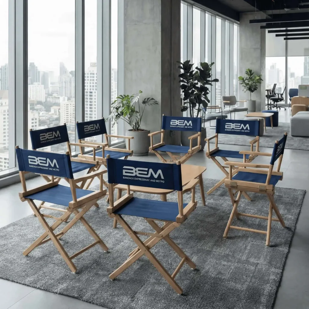 รับผลิตเก้าอี้ผู้กำกับ (Custom Director Chair) พร้อมสกรีนโลโก้องค์กร ชื่อแบรนด์ และข้อความ มีให้เลือกทั้งขนาด Standard และ High Chair